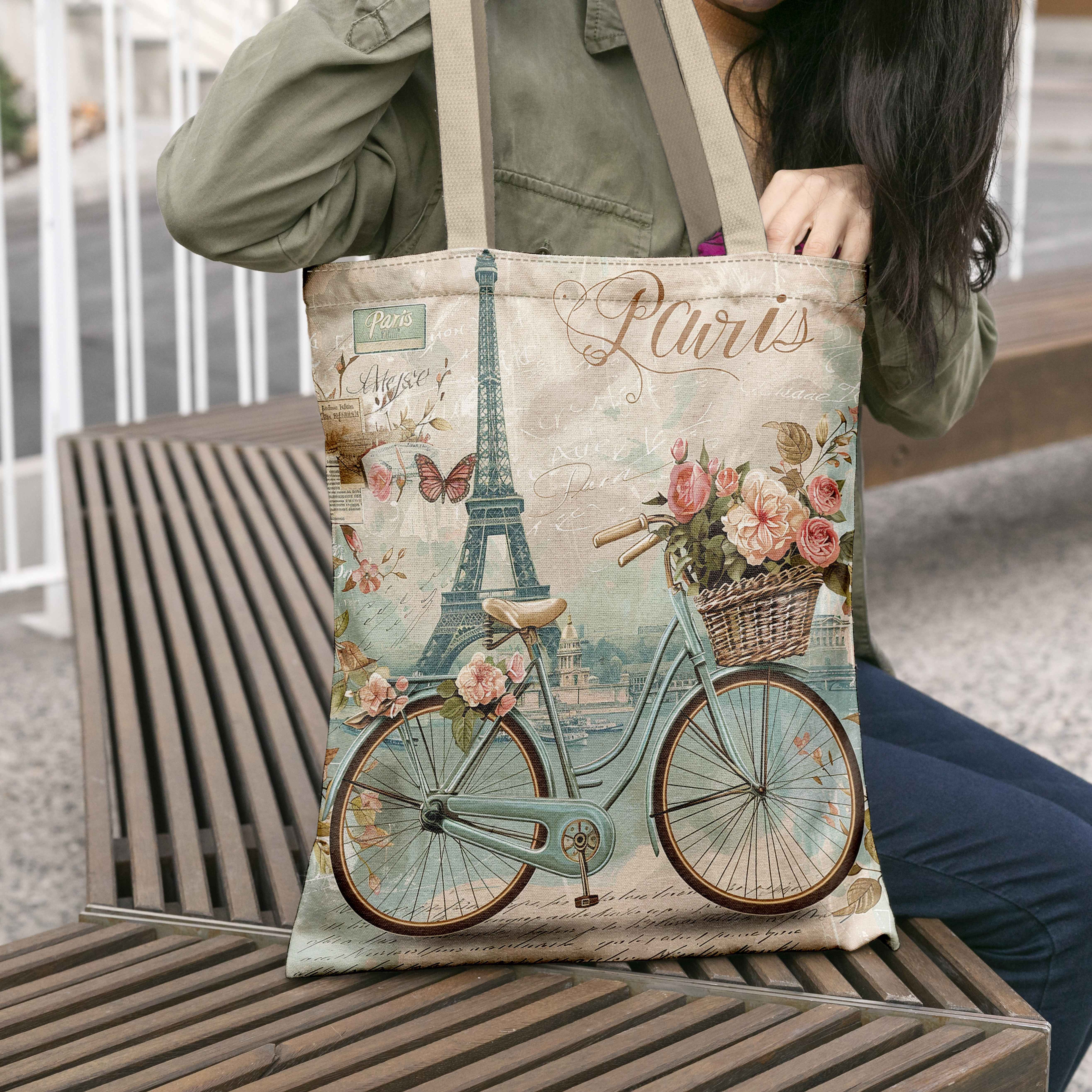 TEMU Borsa a spalla da donna con motivo a tema , bicicletta e rose, tour in bicicletta sotto Eiffel, borsa in tela spaziosa e adatta per passeggiate