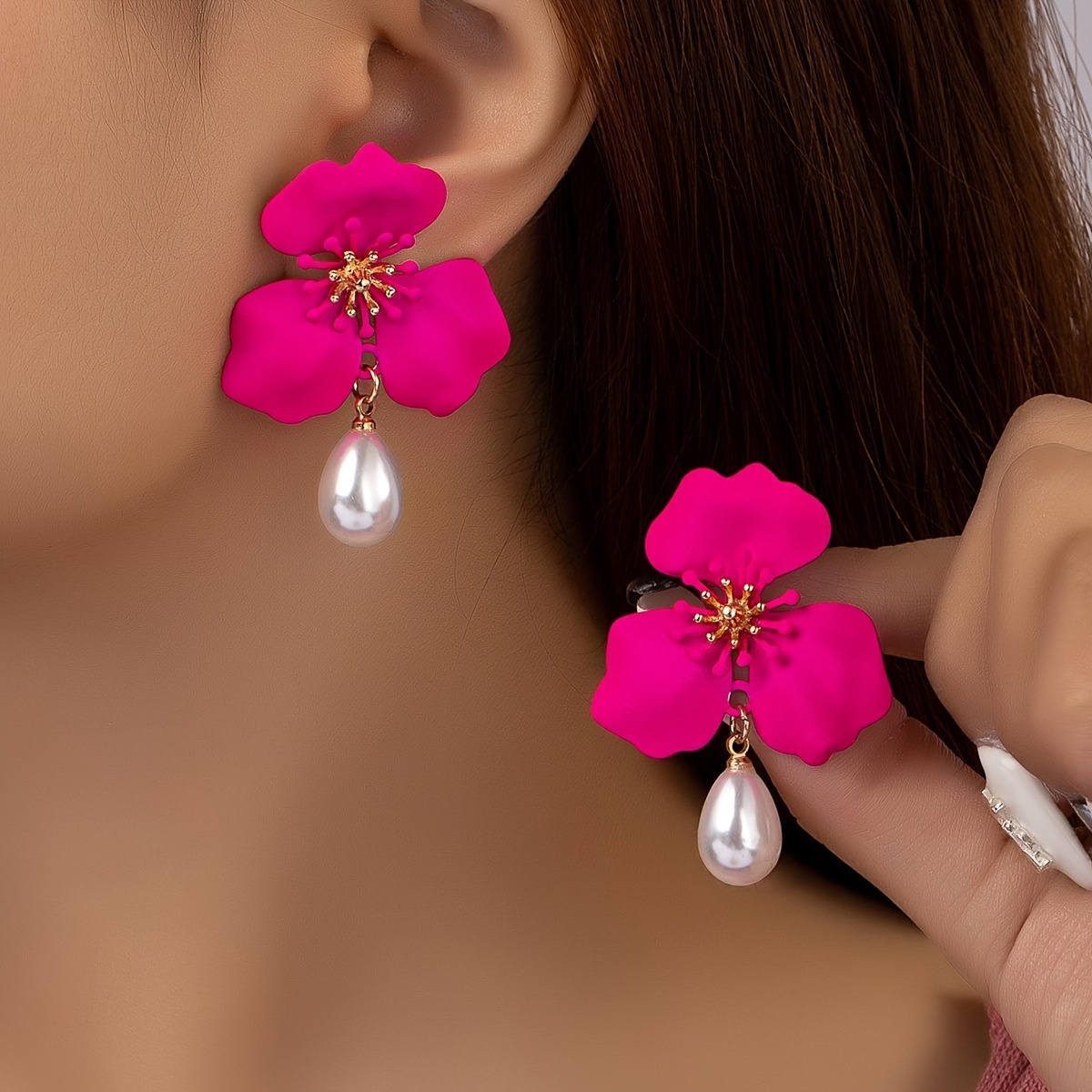 

Faux Pearl Pendant Rose Red Flower Design Dangle Earrings Elegant Vacation Style Delicate Female Gift