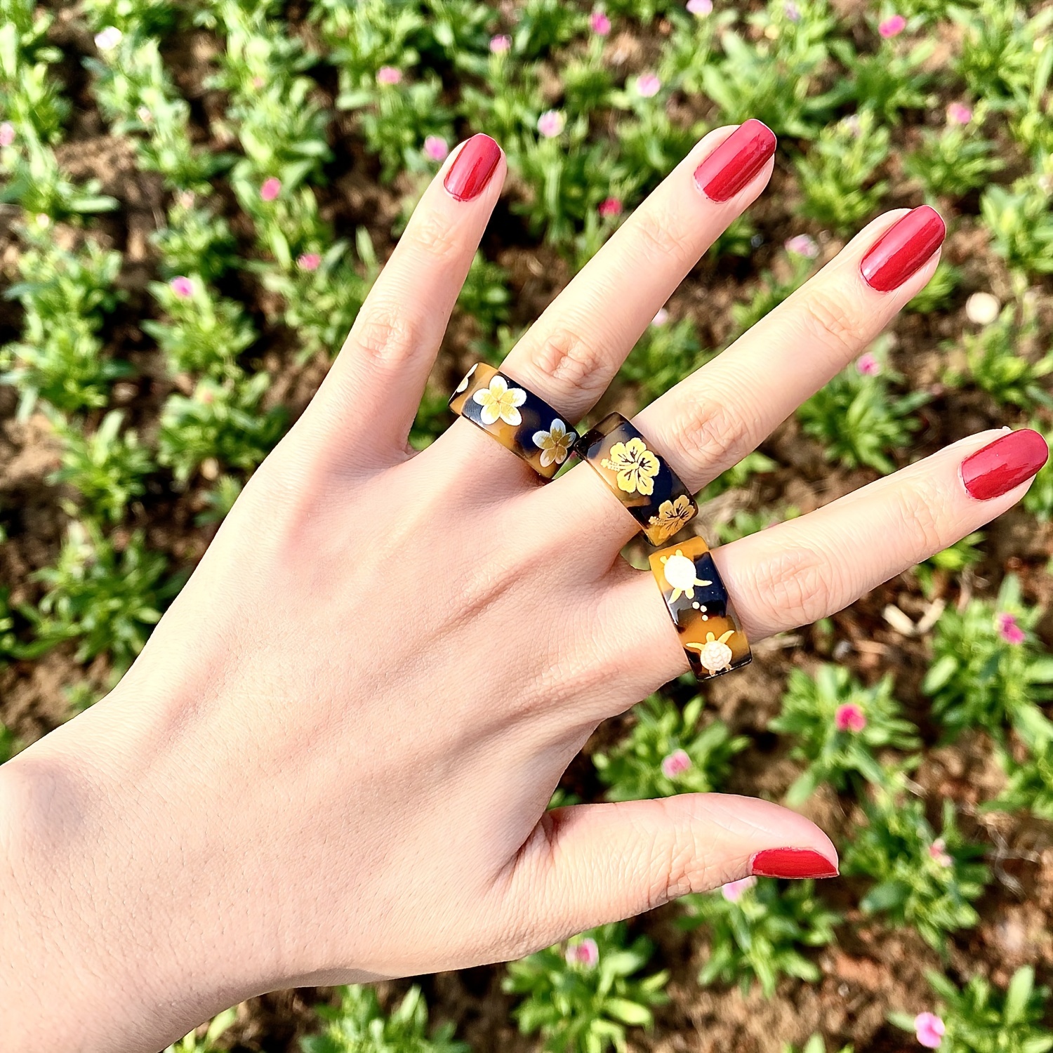 3pcs Hawaiian Tropical Flower Animal Printed Open Ring Set
