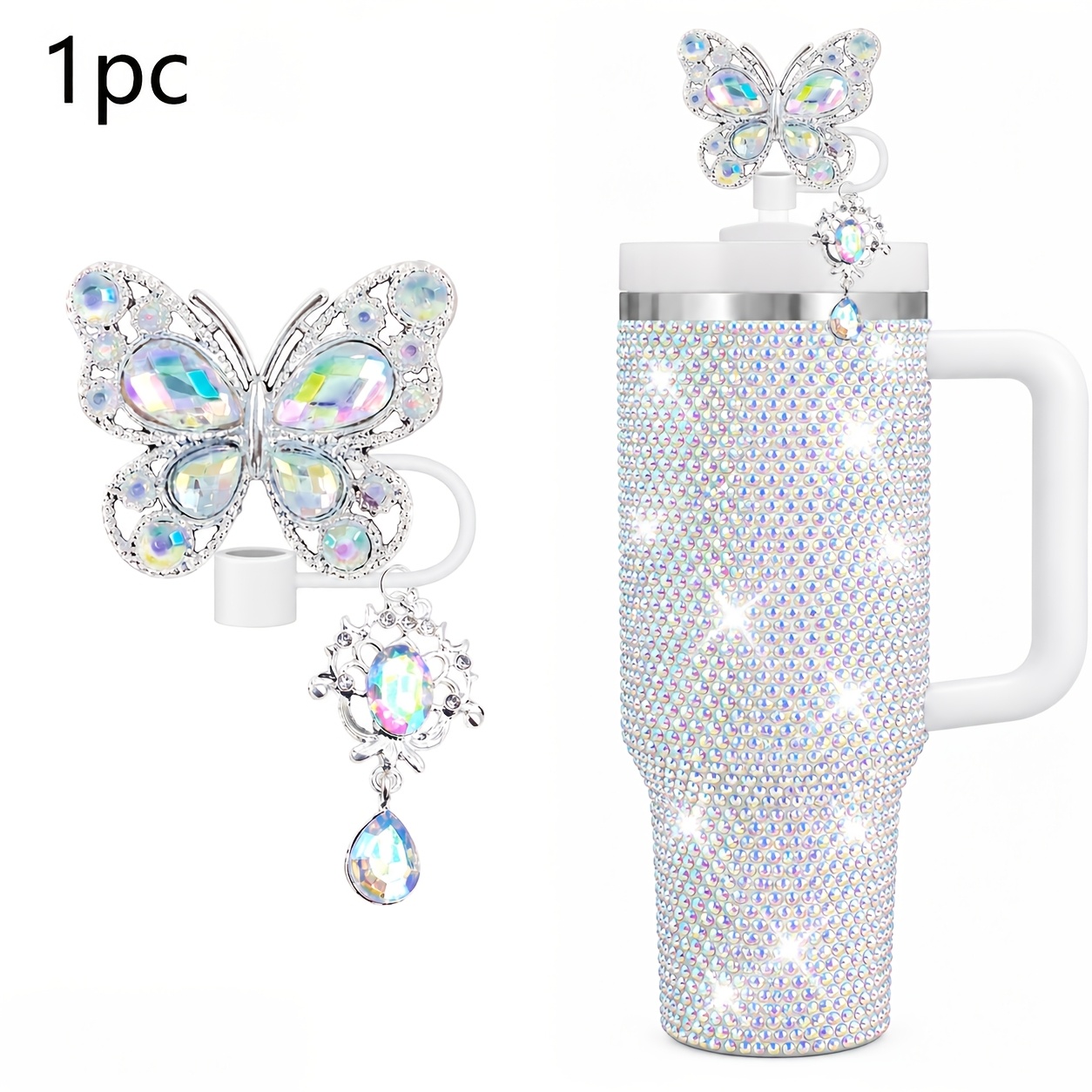 TEMU Sparkling Rhinestone Straw Topper, 1pc Charm Straw Cover Caps, Silicone Loop With Dangling Gem Pendant, Fits 10mm Straws, Decorative Cup