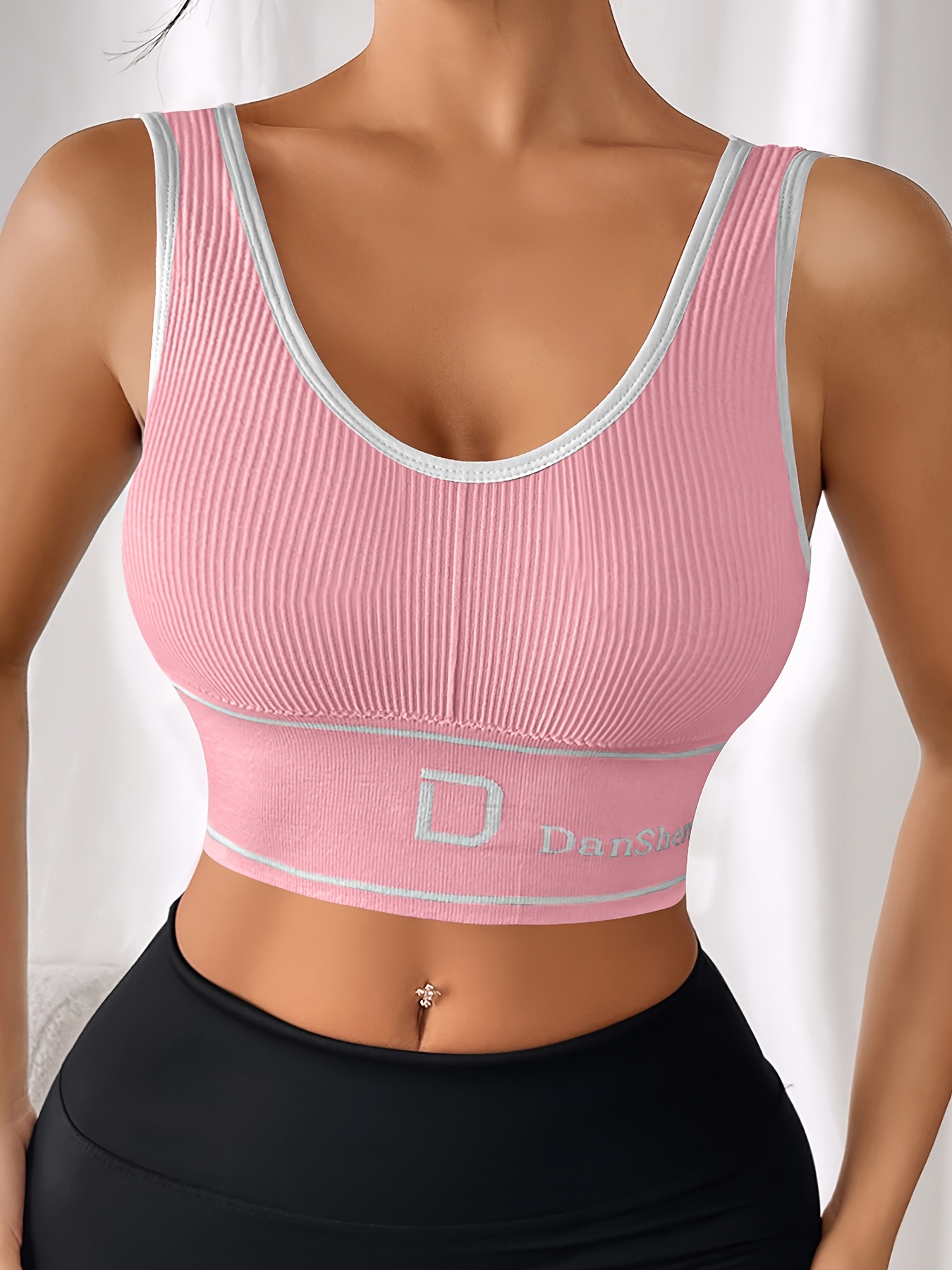 DanShen Women's High-Support Sports Bra - Wireless, Padded, Stretchy Nylon Blend for Yoga & Running, Mint Green Ribbed Design with White Logo, Machine Washable