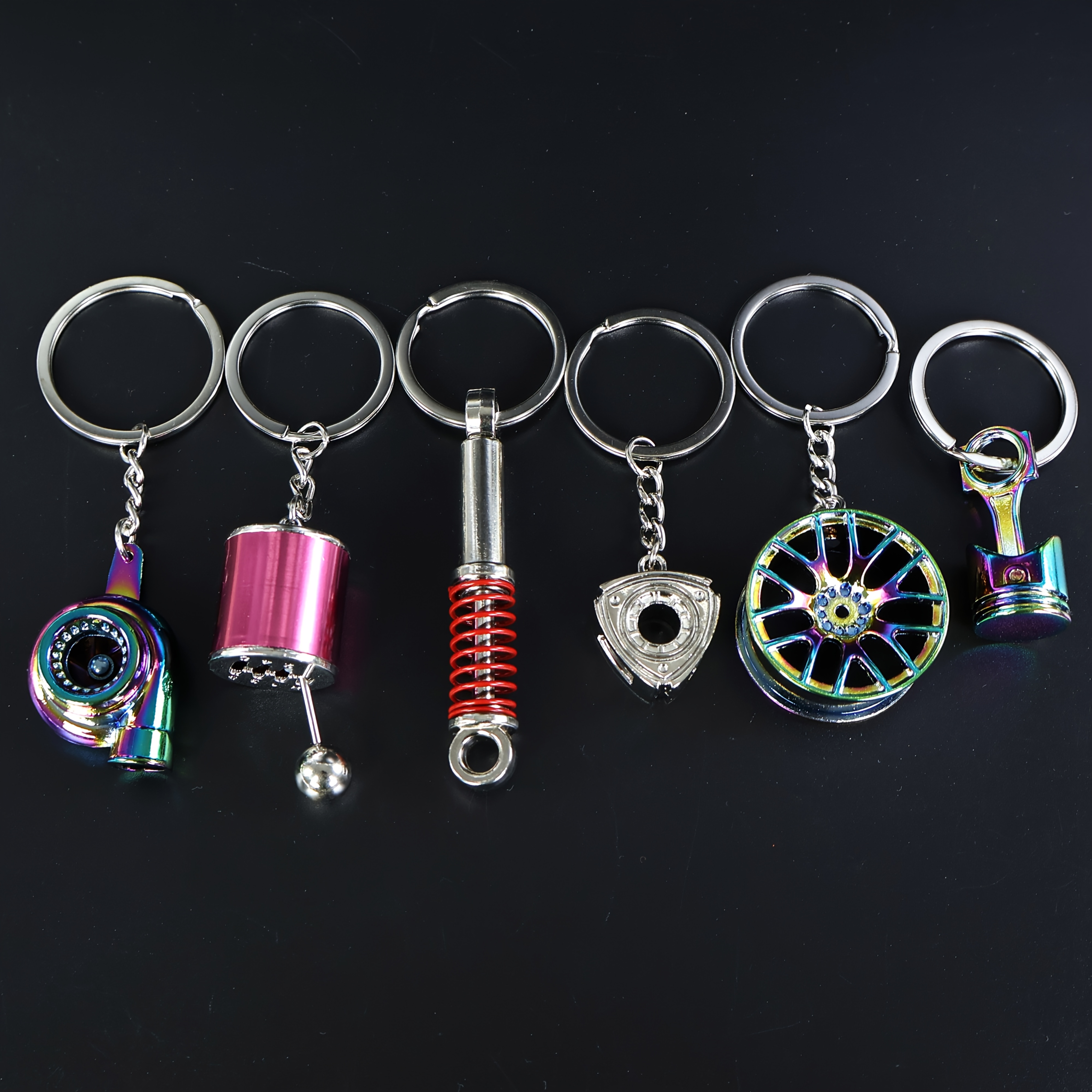 TEMU 6pcs Car Modification Keychain Set, Auto Parts Key Rings With Wheel, , Gear Shift, Piston, Shock Absorber, Flywheel, Gift Key Combination Pack |