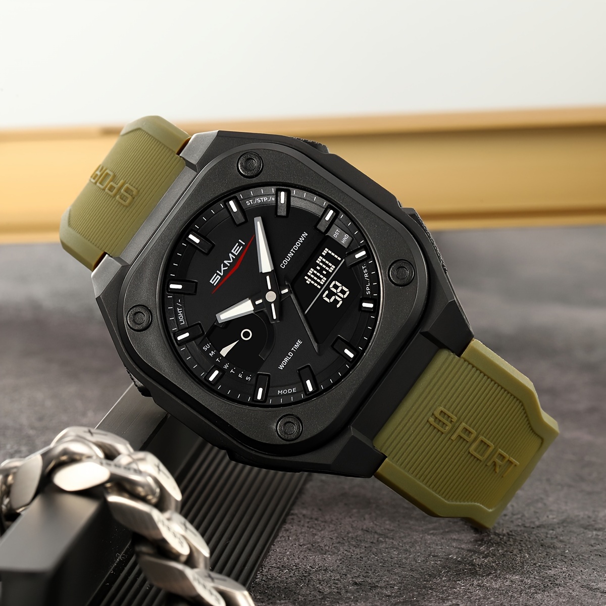   mens   military   wristwatch with     and date   electronic movement sports style round dial tpu strap to 30m details 1
