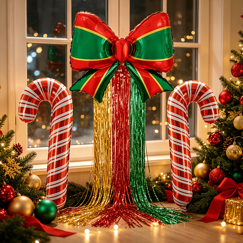 TEMU 6pcs Set Of Large Christmas Bow Balloons And 3-color Ribbon Set, , Red Ribbon, Green Ribbon, And Red And White Striped Cane-shaped Balloon,