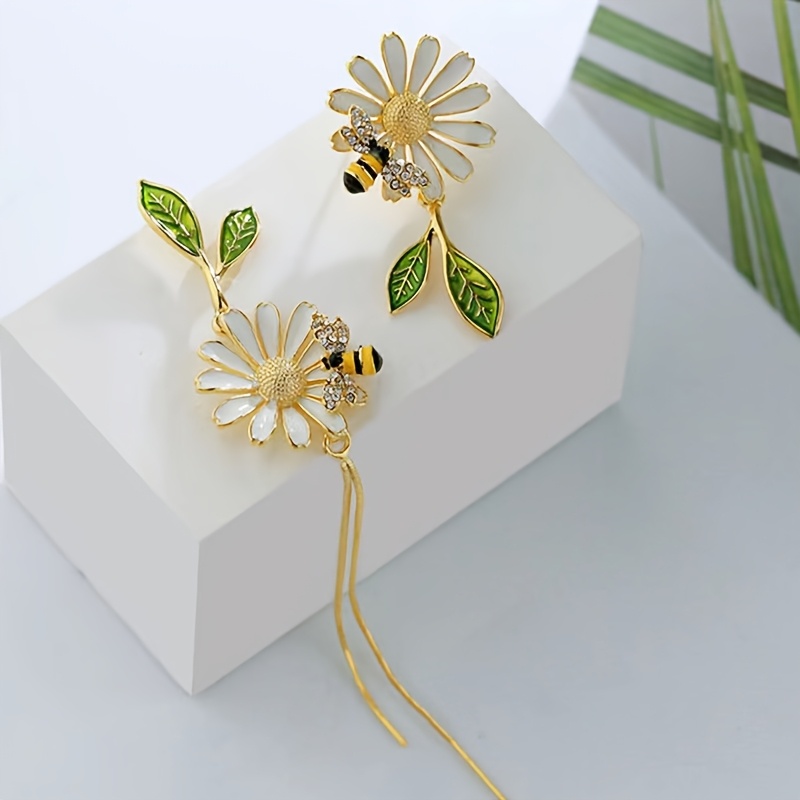 TEMU 1 Paire de boucles d'oreilles longues à franges asymétriques, motif et tendance, série Marguerite, Abeille, Peinture de fleurs, Goutte d'huile,