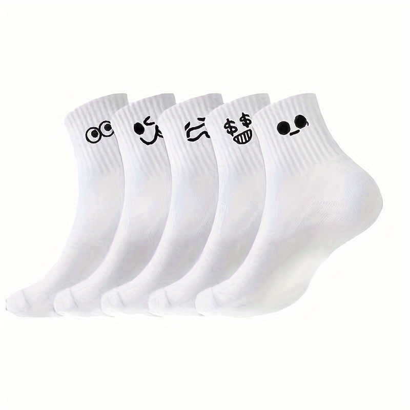 White 5-Pair Pack Cartoon Mid-Calf Socks, Unisex All-Season