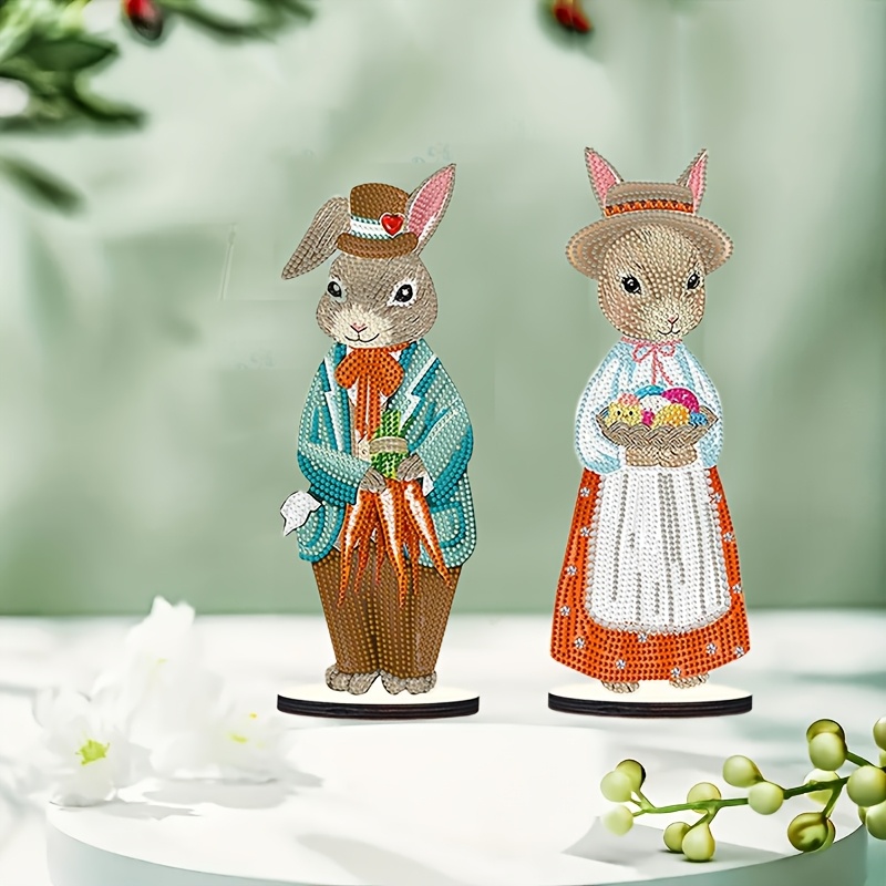 

2pcs Easter Bunny Diamond Painting Kits, 5d Diy Round & Irregular Diamonds, Handmade Wooden Animal Themed Artwork For Home Decor, Bedroom Ornaments, Holiday Easter Gift