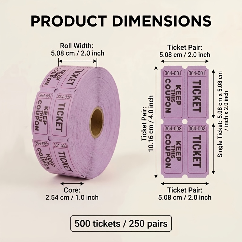 TEMU 500 tickets de loterie / 250 pièce, tickets de prix de 2/2 pouces, tickets d'événement double rouleau, billets de banque de réutilisables -