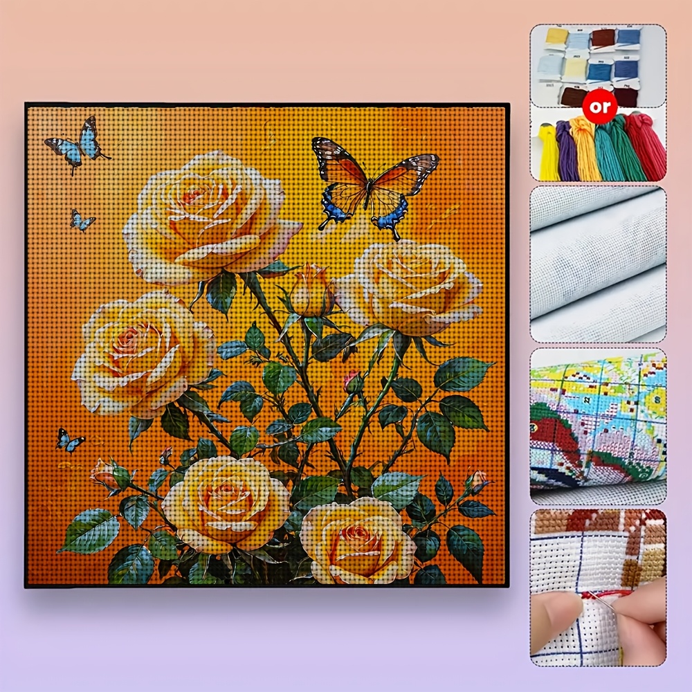Yellow Rose with Colorful Butterflies Cross-Stitch Kit, 11CT
