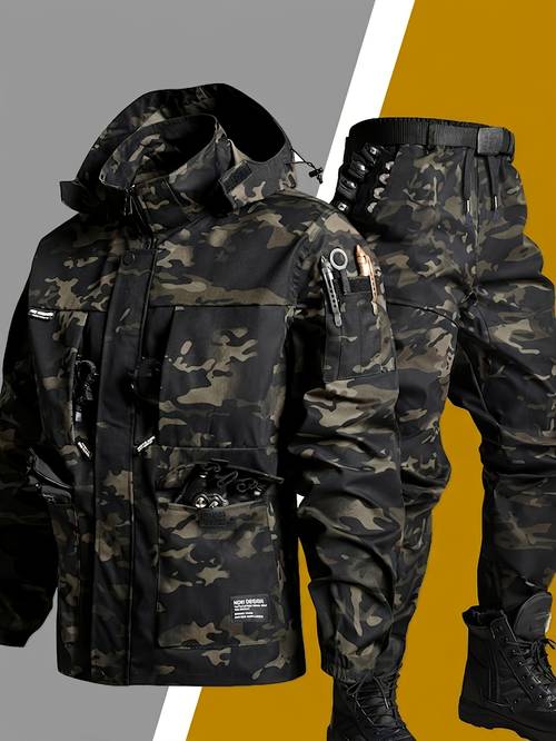 poza articolului costum de lucru pentru bărbați, sacou subțire de primăvară și toamnă, cu glugă, cu fermoar și multiple buzunare, sacou rezistent la uzură, set de sacou pentru bărbați cu pantaloni lungi pentru drumeții în aer , fără curea inclusă