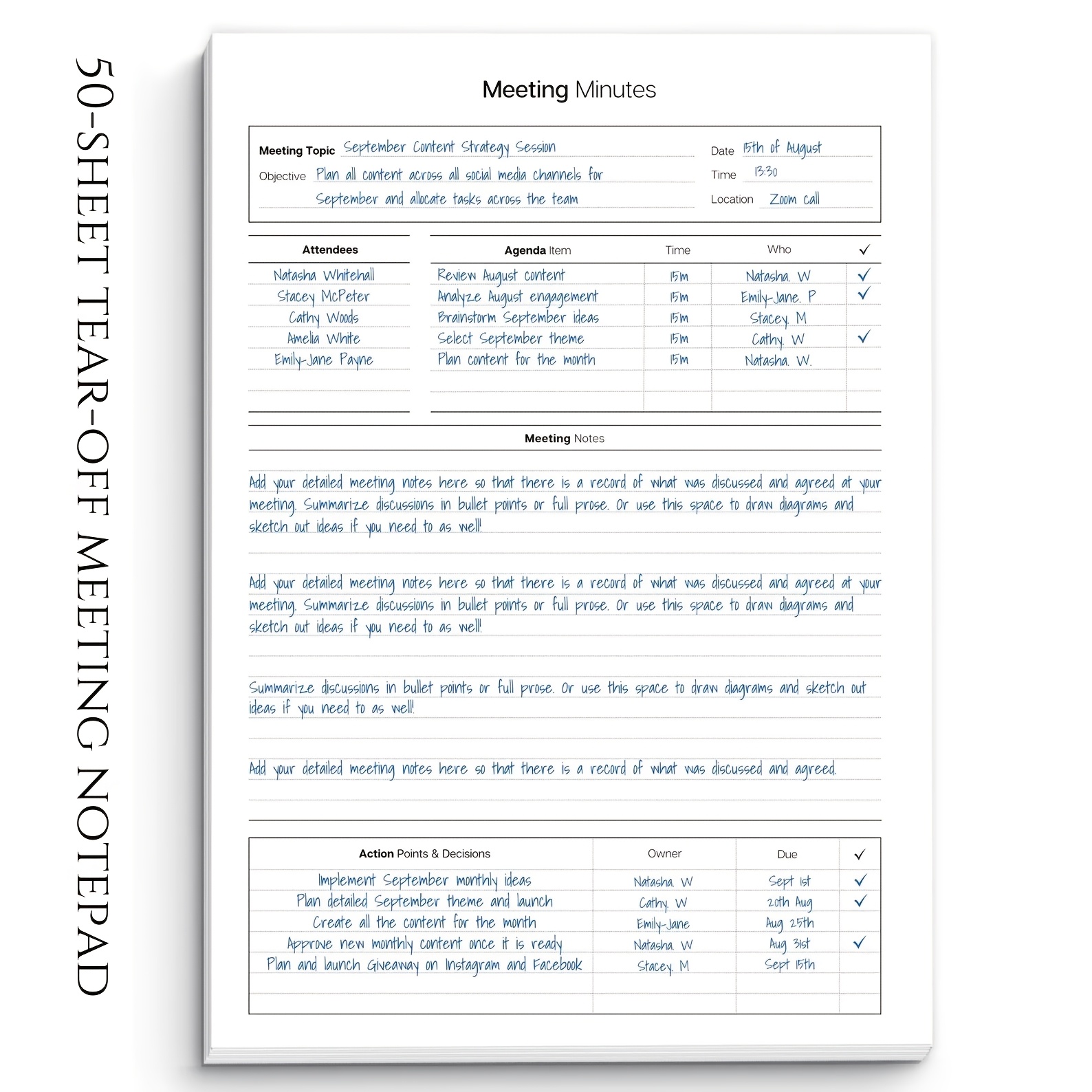 TEMU 1pc Of 50 Sheets Tear-off Planner/meeting Minutes Book For Recording Meeting Highlights, Participants, Important , Etc. Suitable For