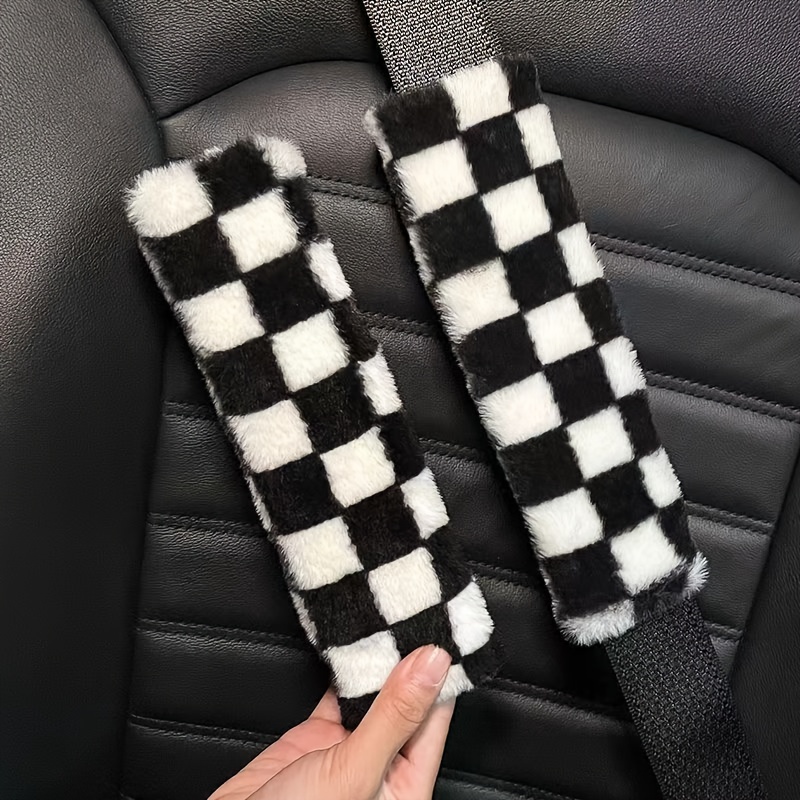 TEMU 2pcs Plush Car Seat Belt Covers - Cute Cartoon Checkerboard Design, Soft Faux Fur Safety Strap Pads For Comfortable Driving