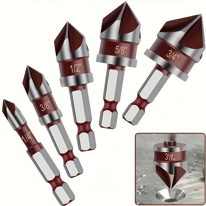 countersink drill bit set with 1 4 3 8 1 2 3 4 hex   82 degree hss five flute quick change hex shank suitable for drilling metal   pvc materials and concrete durable multi size grade tools ideal for factory