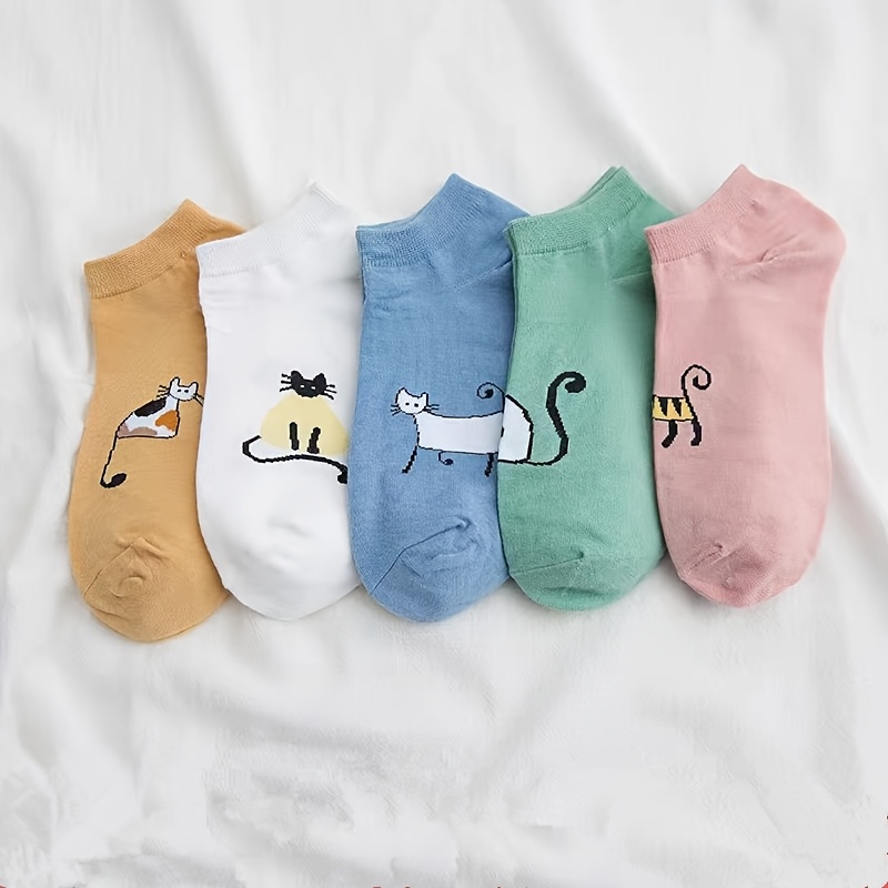 E-shop 5-Pack Unsichtbare Knöchelsocken mit süßen Kätzchenpfotenabdrücken – Weiche Jahreszeiten, Mehrfarbig (Rot, Weiß, Grün, Gelb, Blau) – Nur
