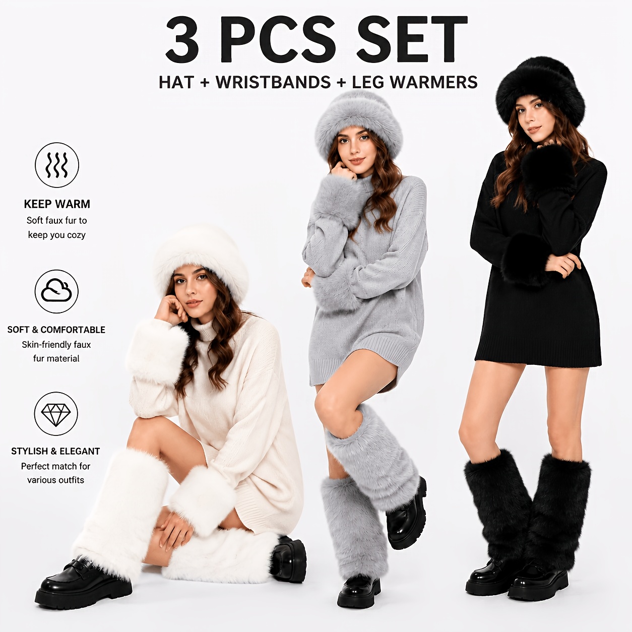 3pcs Unisex Winter Gear Set with Hat, Wristbands, and Leg Warmers