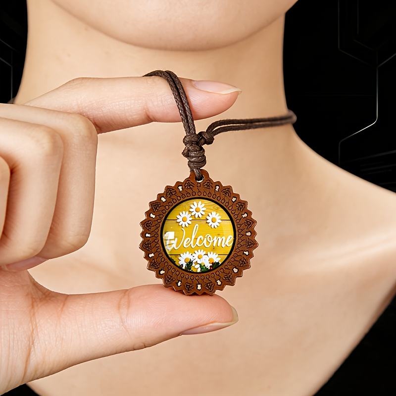Language of Flowers Wooden Necklace, Retro Gift for Her