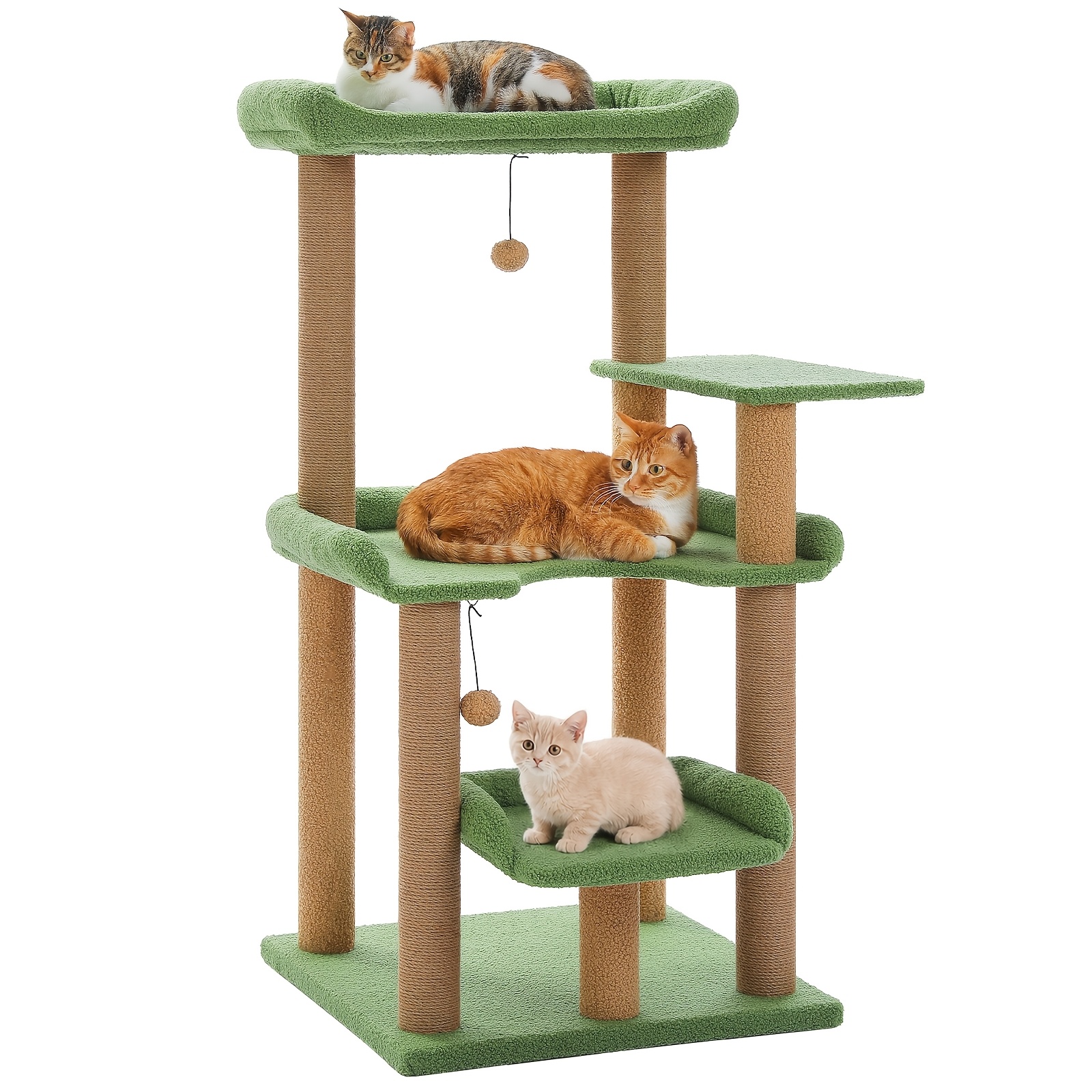 Road 113 Cm Cat Tree For Indoor Cats, Multi-level Cat Tower With Spacious Top Perch, Large Bed, Scratching Posts And Pom Pom Toys, Green, Gray, Beige