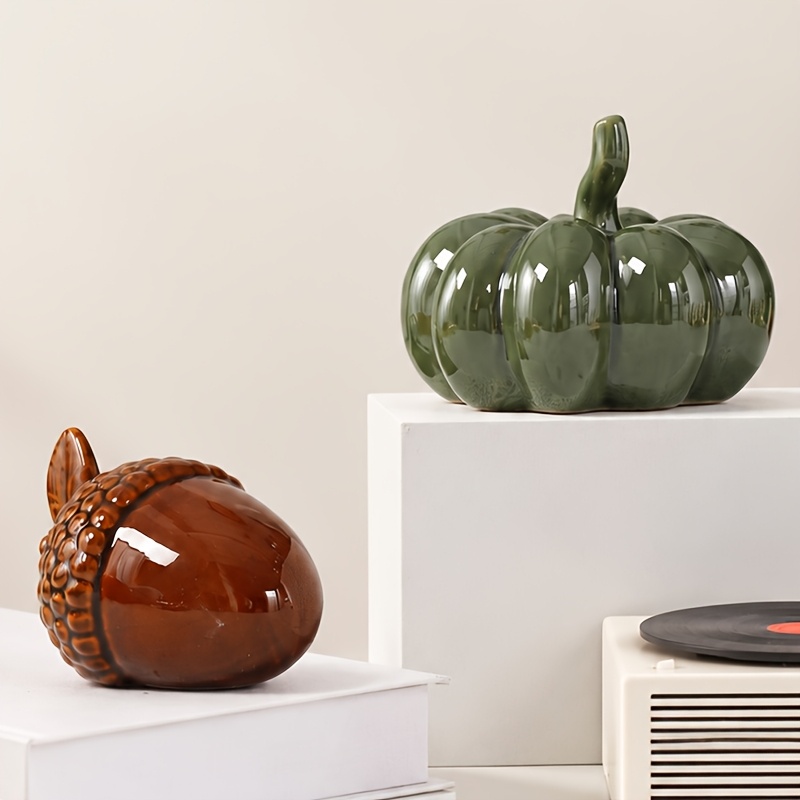 TEMU 2pcs Nordic-style Ceramic Pumpkin And Ornament Set, In Dark Green//. Features A Collection Of Pumpkins, Pine Cones, And . Perfect For Halloween
