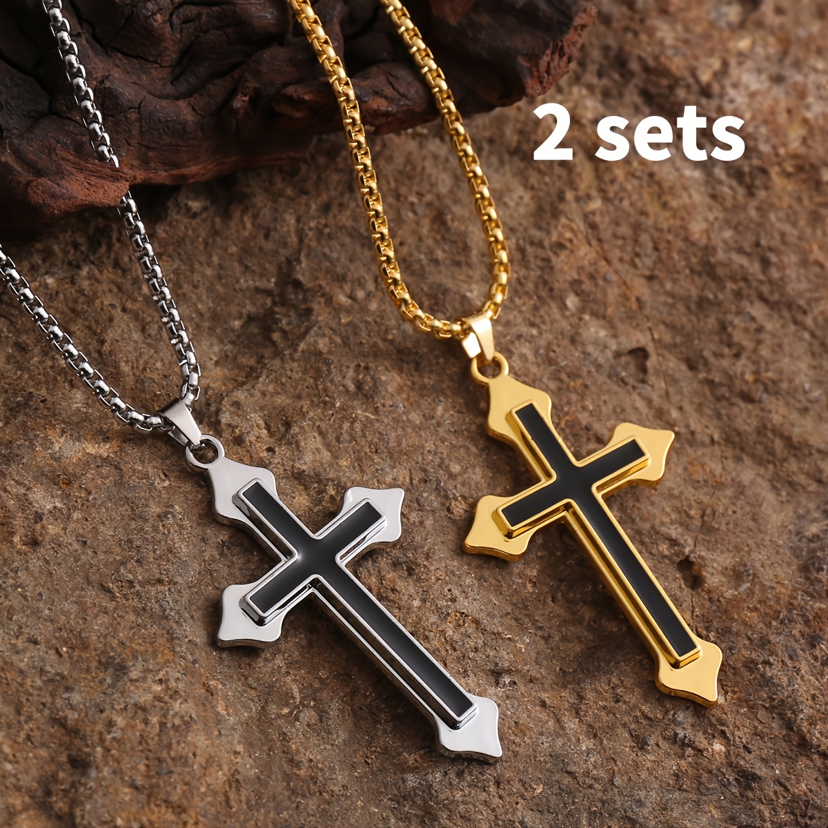 Image of 2pcs Set Vintage Distressed Black Cross Pendant Necklace Set, Niche Light Unisex Accessory, Exquisite Color-block Resin , Long Versatile Sweater Chain, Suitable For Daily And Streetwear, A Classy Gift