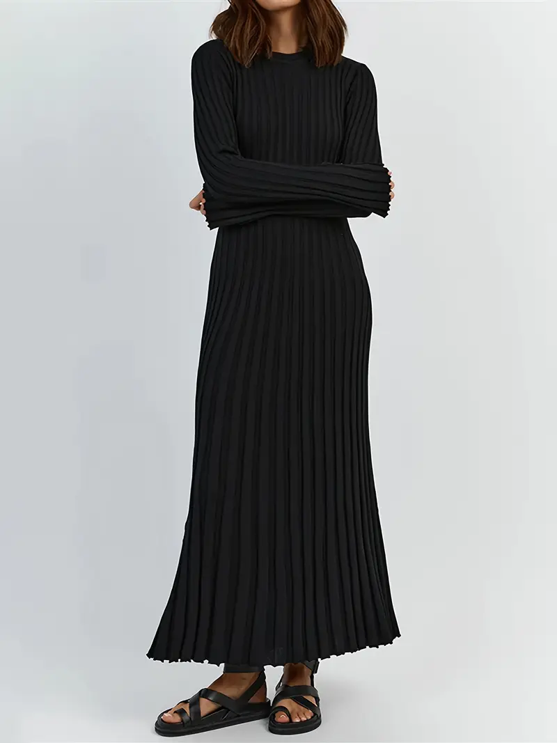 knitted dress black streetwear Black Ribbed Knit Sweater Dress, Oversized Turtleneck Tunic With Slits