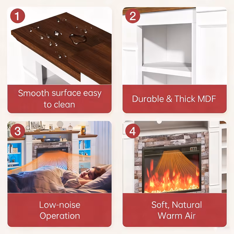70-Inch Electric Fireplace TV Stand with Mantel - Modern Entertainment Center with Open Storage, LED Lights & Remote Control