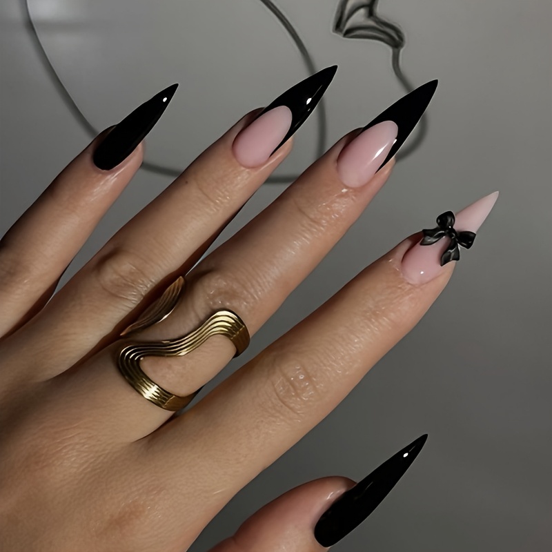 24pcs Long Stiletto Press On Nails Black Nail Tips With Bowknot Glossy Full Cover For Women Daily Wear Fake Nails Art