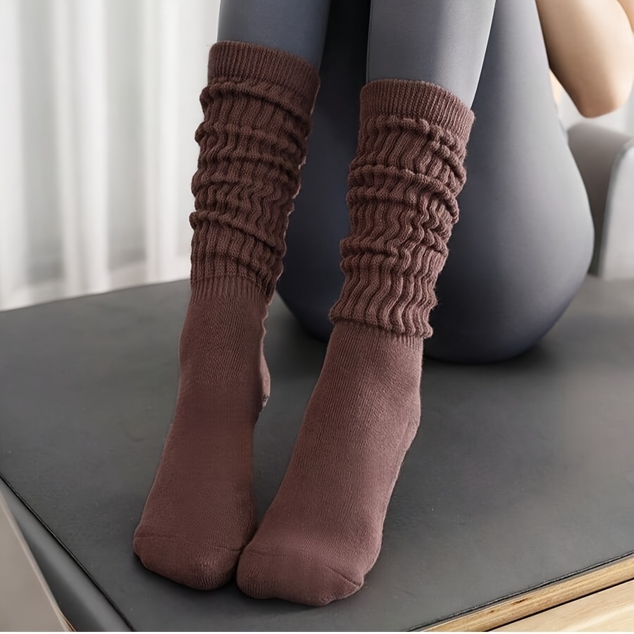 TEMU 1-pair Women's Thermal Knee-high (or Mid-calf) Striped /-slip Sole Suitable For Yoga/pilates, Indoor Exercise & Weather - Solid Color