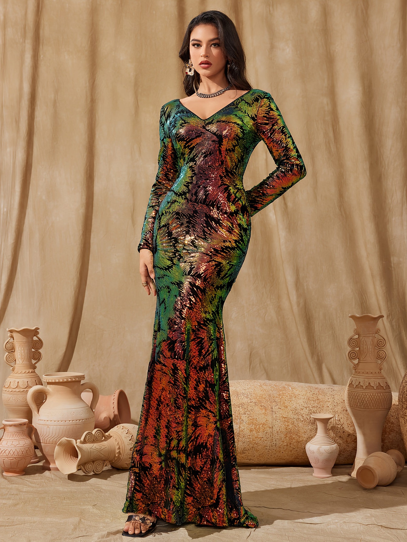 womens elegant sequin long sleeve v neck bodycon mermaid - Temu Kuwait