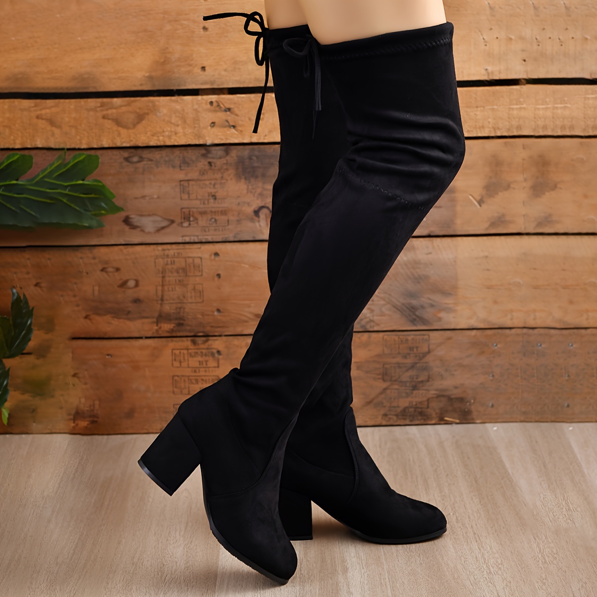 Chunky Heel Thigh High Boots With Tie In Back Tie Back Over Knee