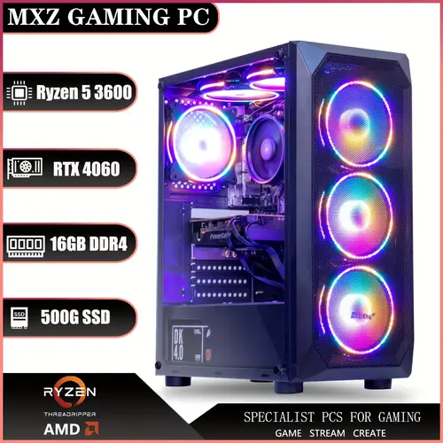 mxz gaming pc computer 5 3600 geforce 4060 8gb 2 16gb ddr4 nvme m2 500 rgb fans gamer desktop computer r5 3600 4060