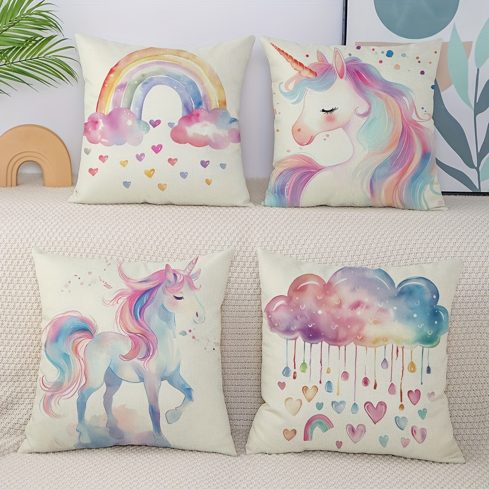 

4pcs Cute Unicorn And Rainbow Print Polyester Throw Pillow Covers, Zipper Closure, Machine Washable, Contemporary Style Woven Cushion Covers For Bedroom And Living Room Decor (no Pillow Core)