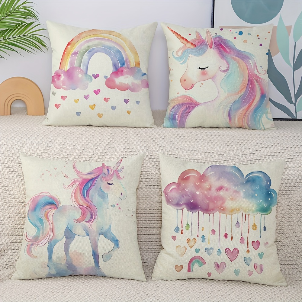 

4pcs Cute Unicorn And Rainbow Print Polyester Throw Pillow Covers, Zipper Closure, Machine Washable, Contemporary Style Woven Cushion Covers For Bedroom And Living Room Decor (no Pillow )