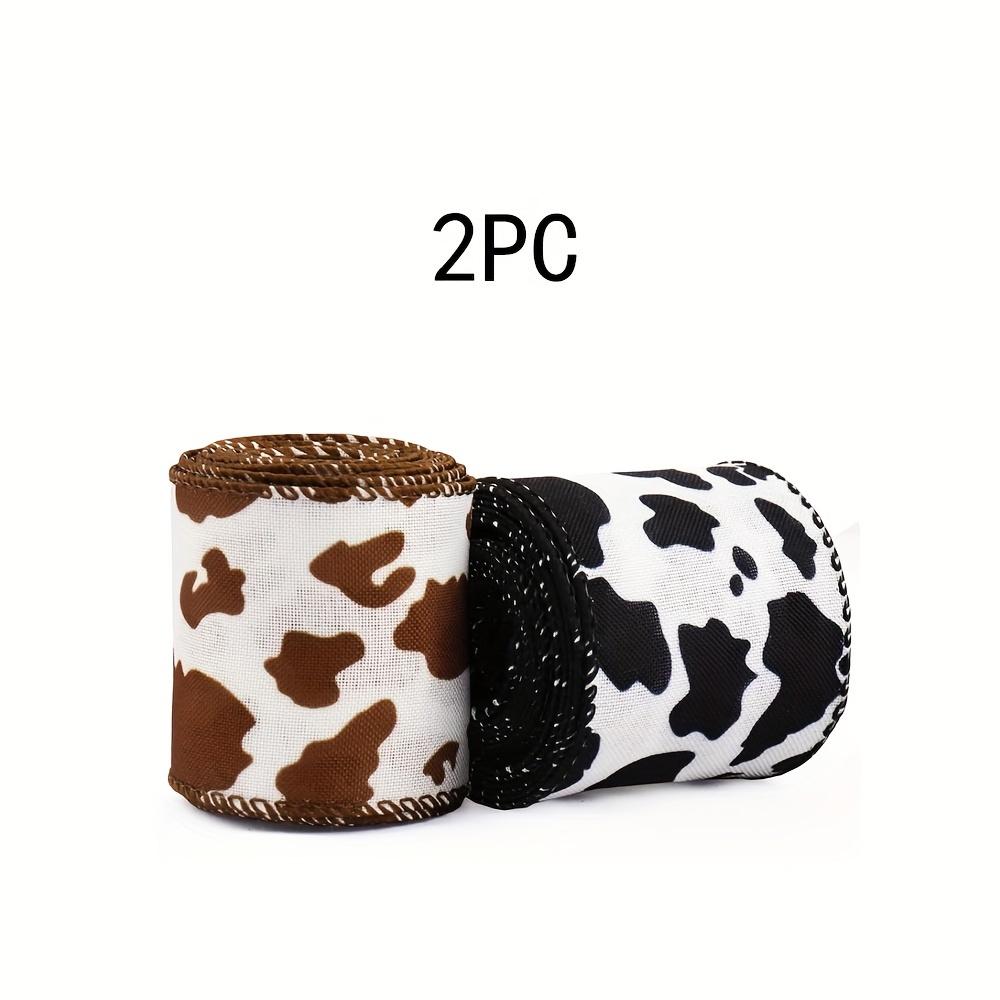 TEMU 2 Rolls Of Cow Print Ribbon For Wrapping Gifts With Wreath Bows, Black, White, And Brown Spotted Ribbon For Gift Wrapping And Party Decoration,