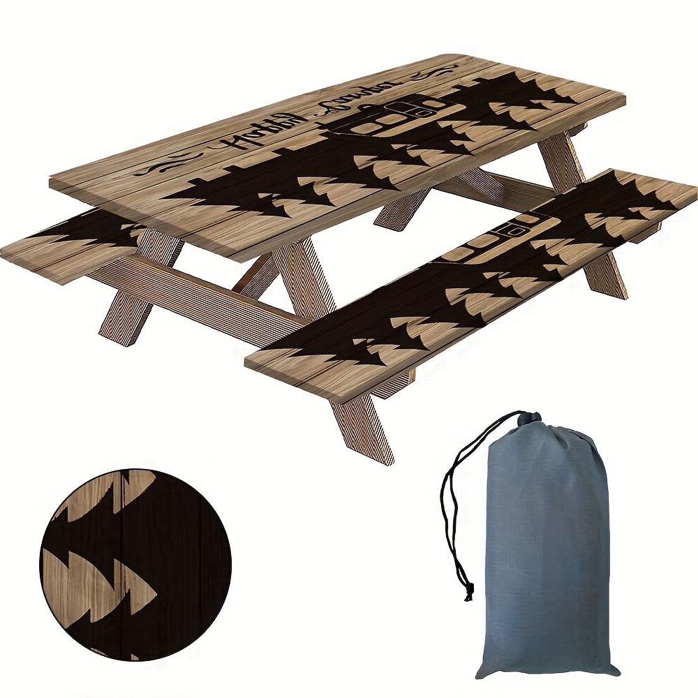 TEMU 3pièces Texture de bois brun arbre Table de camping rectangulaire et couvertures de - Polyester durable, fabriqué à , parfait pour les - air et