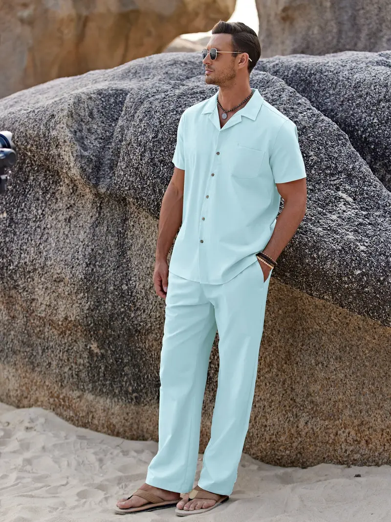 men 2pcs linen outfit beach button shirt casual loose pant - Temu men 2pcs linen outfit beach button shirt casual loose pant - Temu