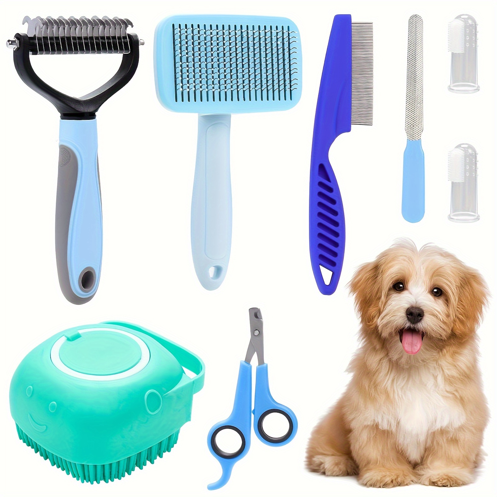 

8pcs Pet Grooming Kit Set With Self-cleaning Slicker Brush, Nail Clippers & File, Flea Comb, Bath Brush, Shedding Comb, Silicone Toothbrush For Dogs, Durable Plastic Material, Essential Grooming Tools
