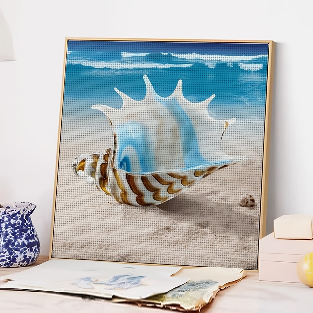 Cross Stitch Kit, Glass Seashell on Sandy Beach Design