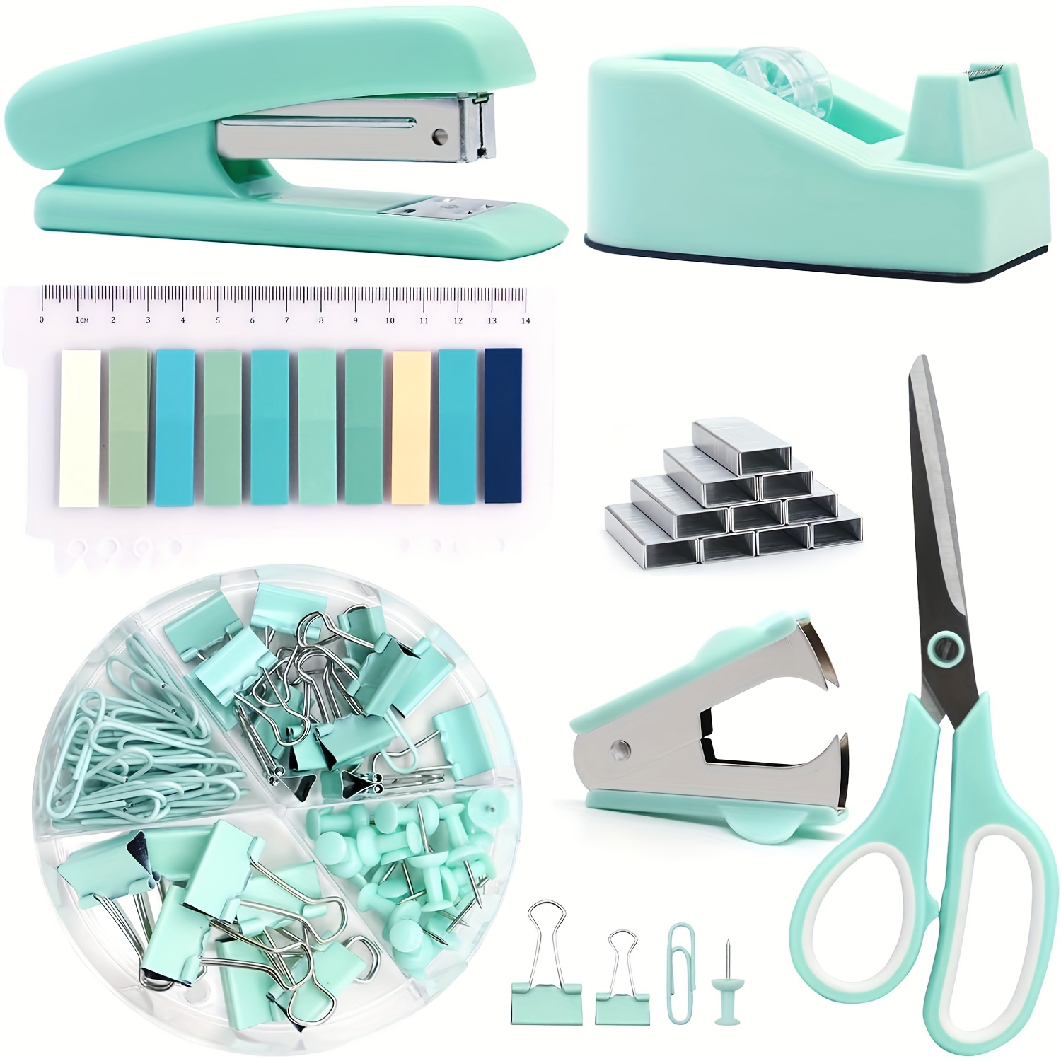 qi   xing macaron color office stationery gift box set -   stapler, scissors, tape, thumbtacks, push pins, sticky notes & more - semi-automatic, durable plastic, ideal for daily use, office supplies and accessories, office supplies and accessories | macaron color set | durable plastic box, office supplies and accessories Product details 1