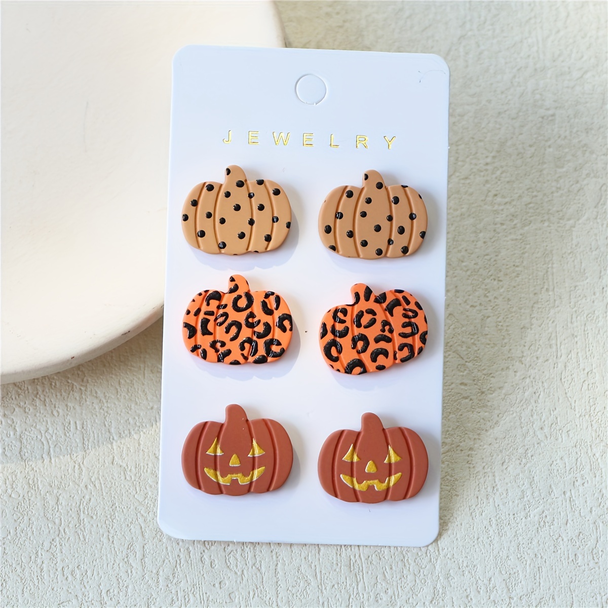 

Cute Acrylic Pumpkin Stud Earrings Set For Women - 3 Pairs Themed No Plating Earrings With Stainless Steel Posts, Star-printed & Leopard Pattern Design, Clay Texture, Ideal For Gifts & Parties