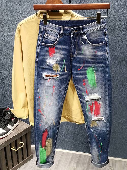 mens distressed jeans stretch street blue denim casual wear machine washable durable fabric ripped effect design vintage look outdoor casual attire suitable for