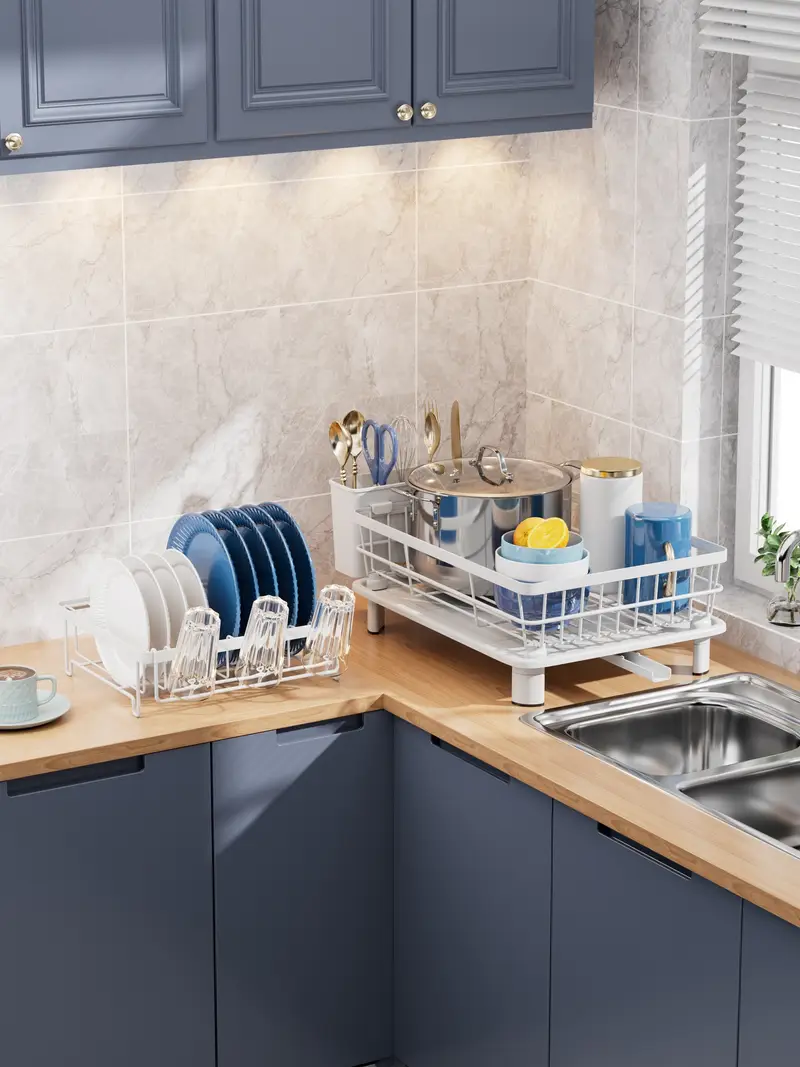 2 tier dish drying rack with metal and plastic kitchen dish drainer with utensil holder anti rust compact countertop dish rack organizer 1pc dish racks for home kitchen storage Product details 2