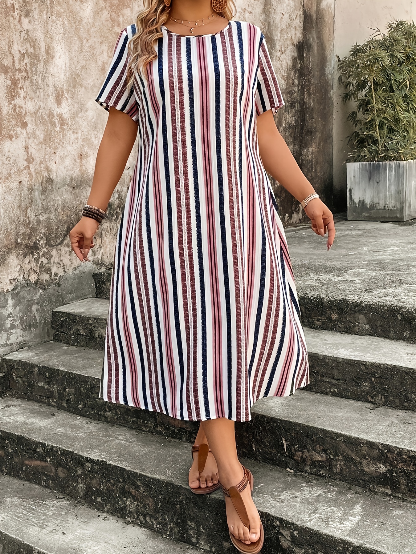 women's plus size casual summer dress color block striped Temu
