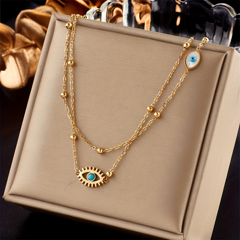 

Vintage Evil Eye Pendant Necklace, 18k Golden Plated Stainless Steel, Double Layer Chain, Trendy Fashion Jewelry Gift For