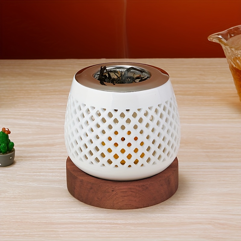 TEMU Solid Wood Ceramic Hollowed Out Incense Holder Sappanwood Candle Diffuser Oven-safe Sandalwood Fragrance Ash Catcher