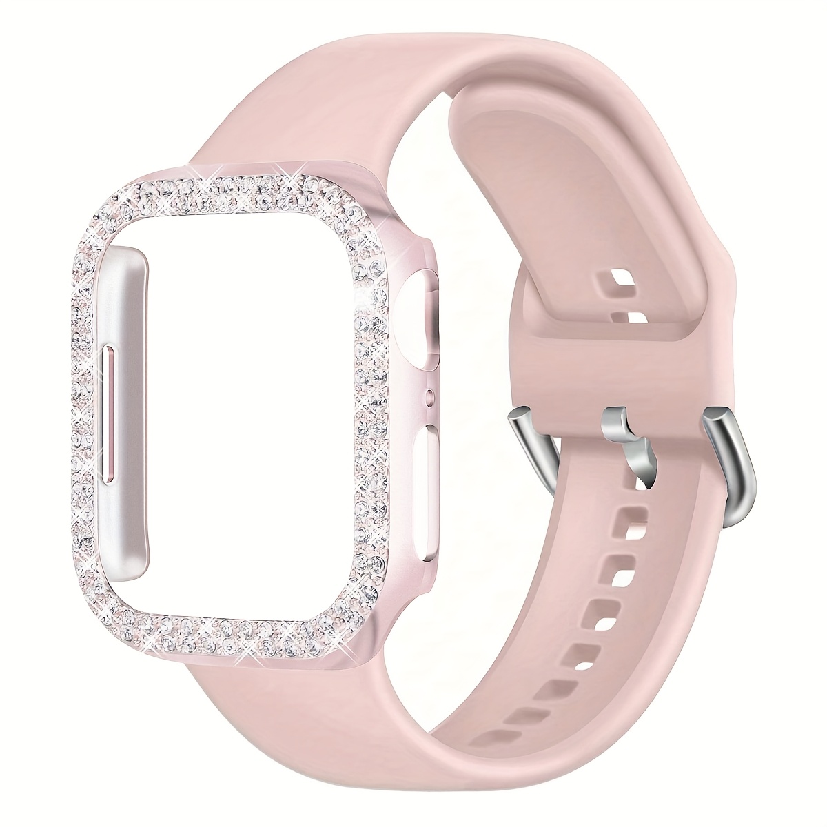 TEMU 2pcs/set Soft Comfortable Silicone Sport Watch Strap Adjustable Wristband And Bling Rhinestone Decor Anti-fall Protector Watch Case, For Watch