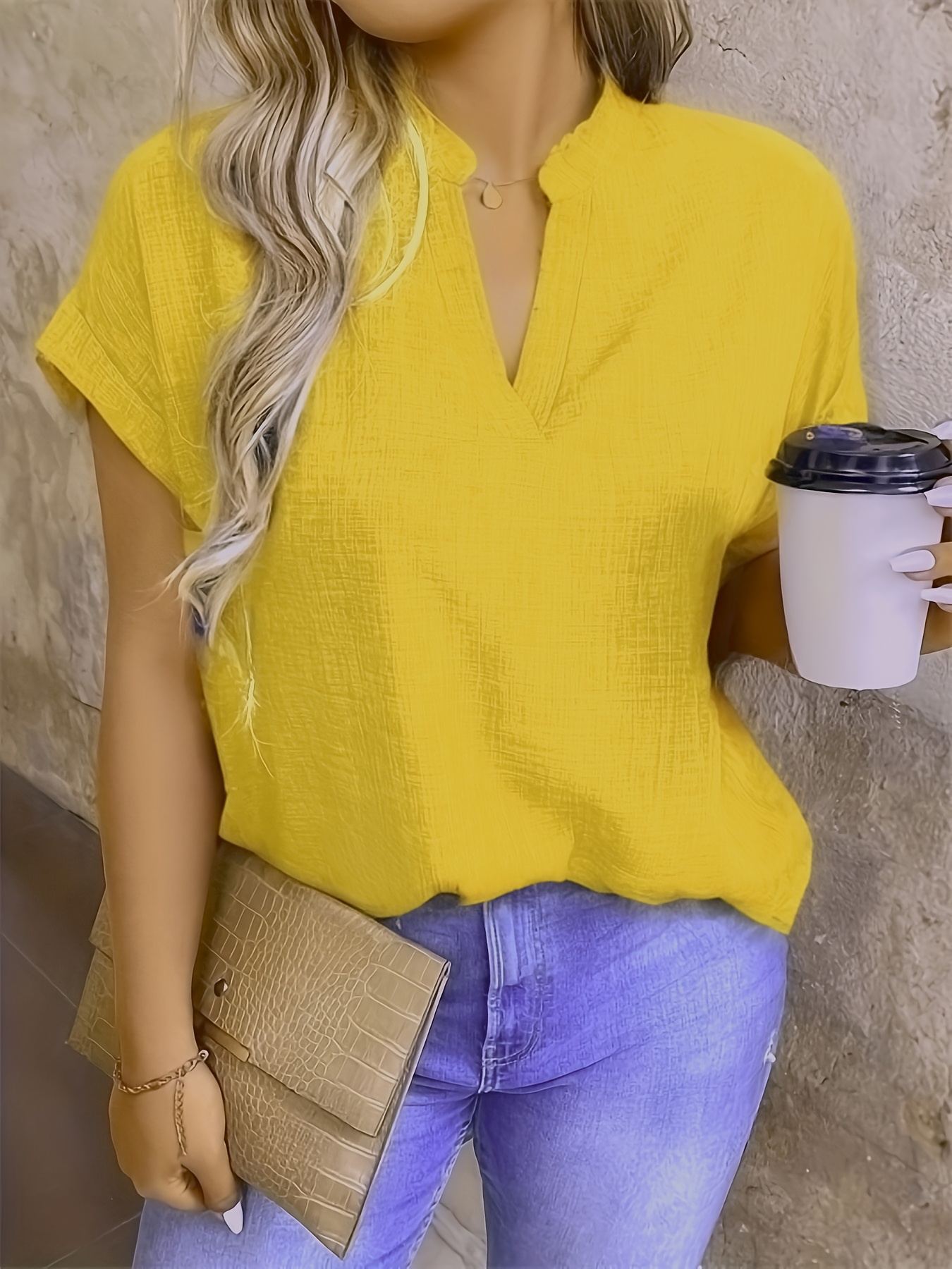 womens casual v neck blouse with small stand up collar vibrant yellow solid color regular fit machine washable versatile for spring summer fall seasonal fashion top sophisticated casualwear lightweight fabric everyday   style   stylish top adult clothing details 2