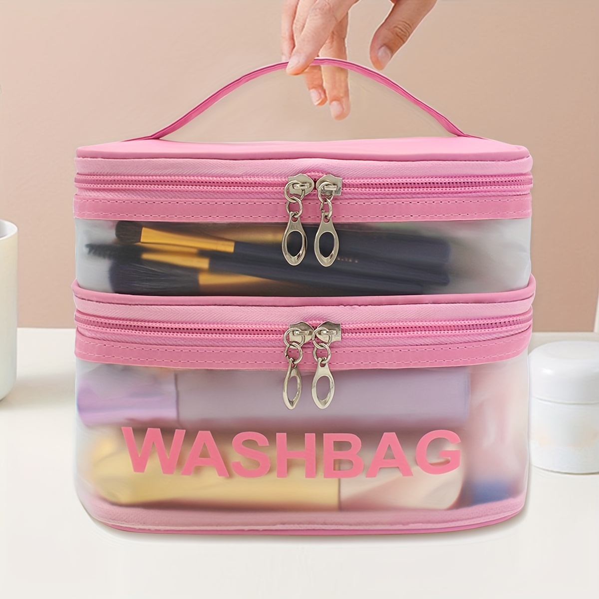 

Double Layer Large Capacity Makeup Box Clear Visible Makeup Organizer Handbags Portable Travel Washing Bags For Women