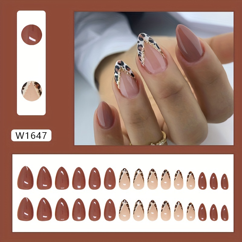Trade Fake Nails Red-brown Solid Color Wearable Nail V-shaped Leopard Print Special-shaped French Detachable Nail Pieces [jelly Glue]