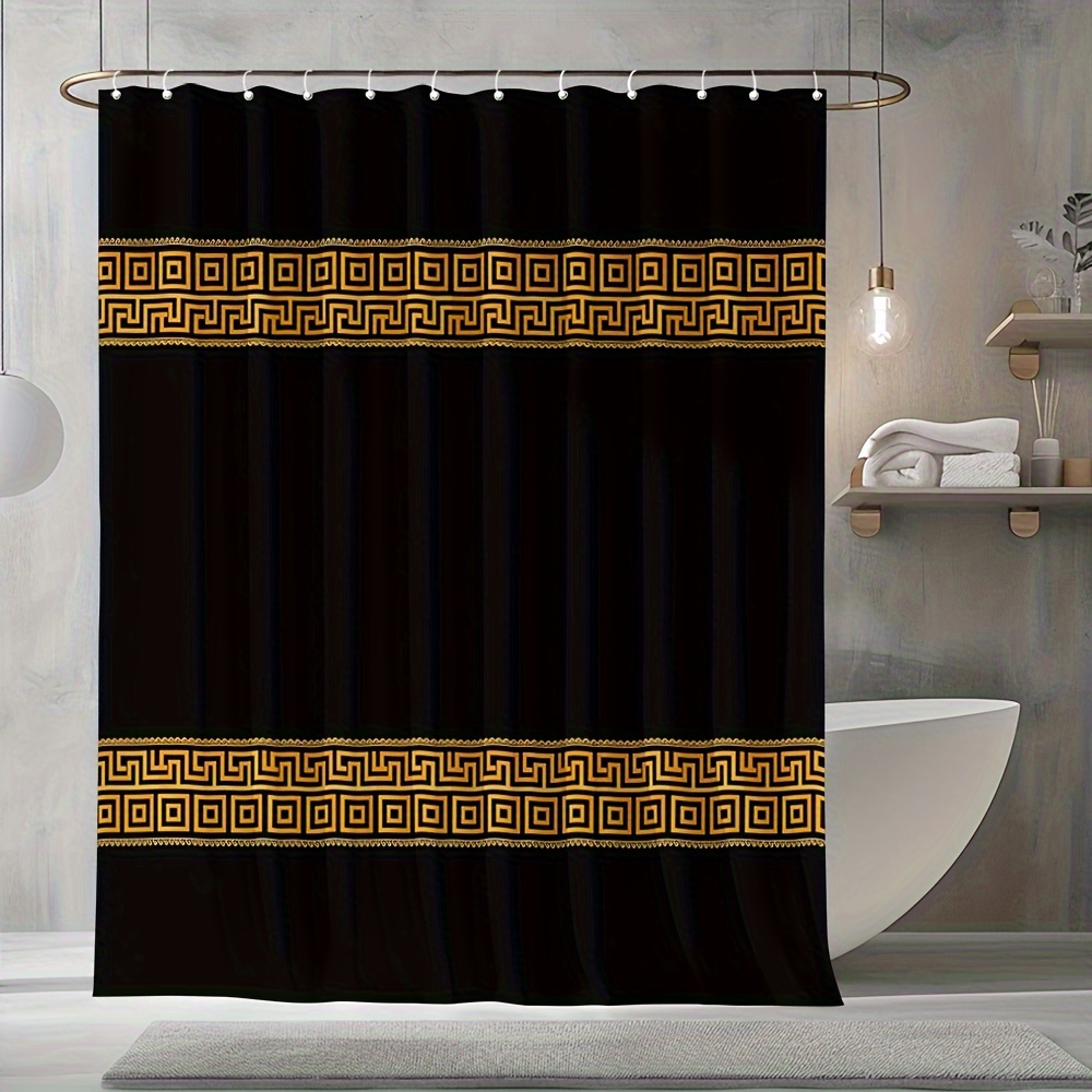 

Retro Geometric Pattern Shower Curtain With 12 Hooks - Golden Texture Style - Water-resistant Polyester Fabric - Knit Weave - Machine Washable - Artistic Bathroom Decor - 71x71 Inches