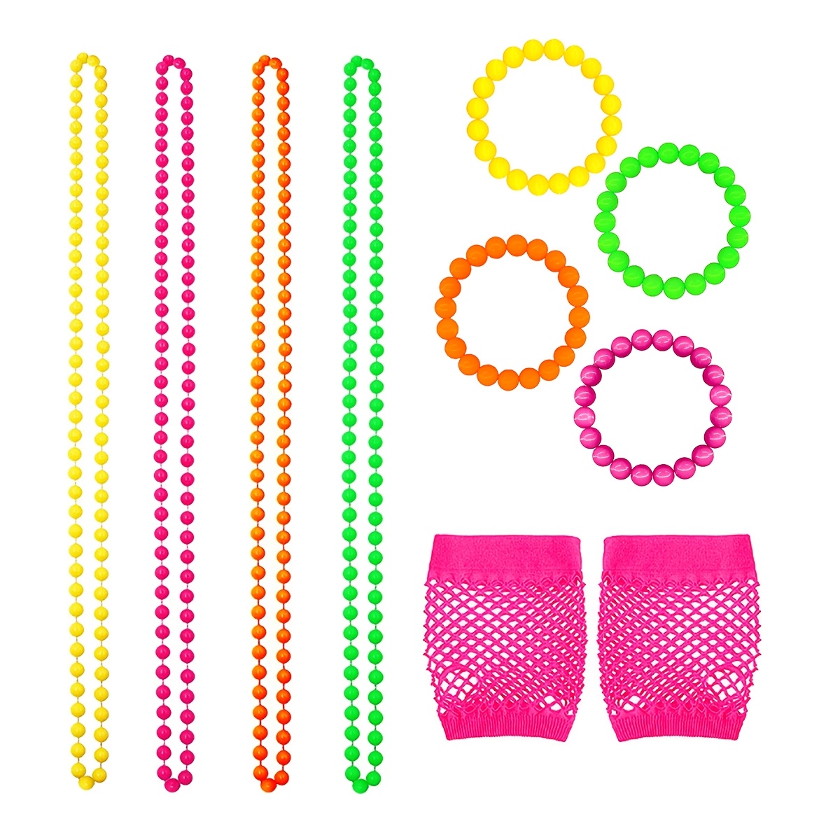 Image of D 9pcs 80s Retro Gloves And Jewelry Set - Fingerless Mesh Fishnet Gloves With Bead Necklace Bracelet, Stretch Short Gloves For Women Men, 80s Party Additions